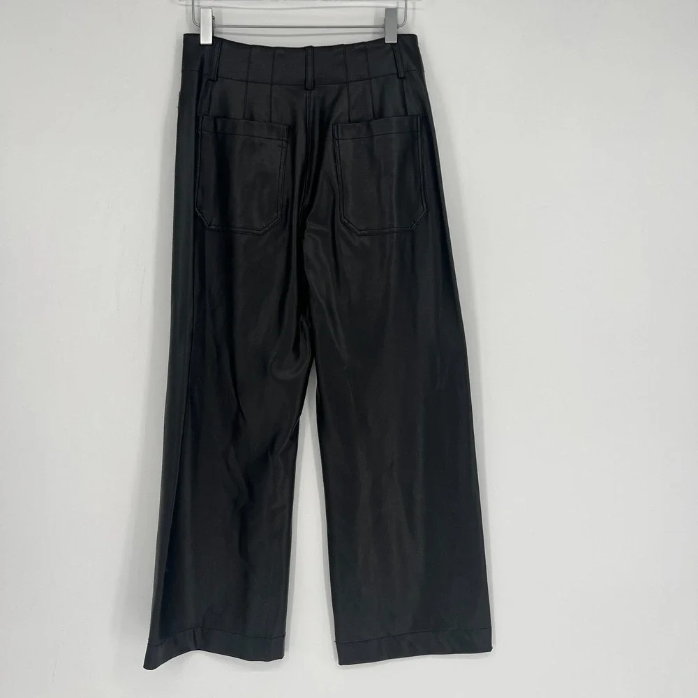 Maeve Colette Pants Women 26 Faux Leather Biker Wide Leg High Rise Anthropologie - Picture 3 of 12
